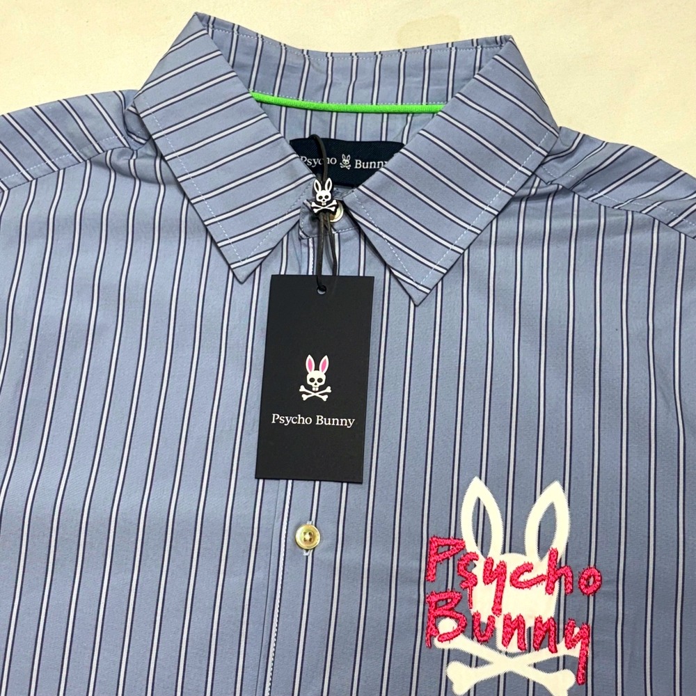 Psycho Bunny Duncan Shirt Mens Small Blue Stripe Short Sleeve Graphic Streetwear